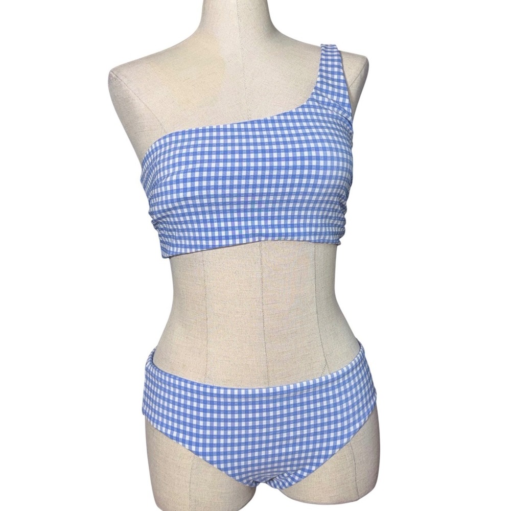 Vigoss Womens One Shoulder Gingham Bikini Set Blue White Turquoise VLQG-135 L